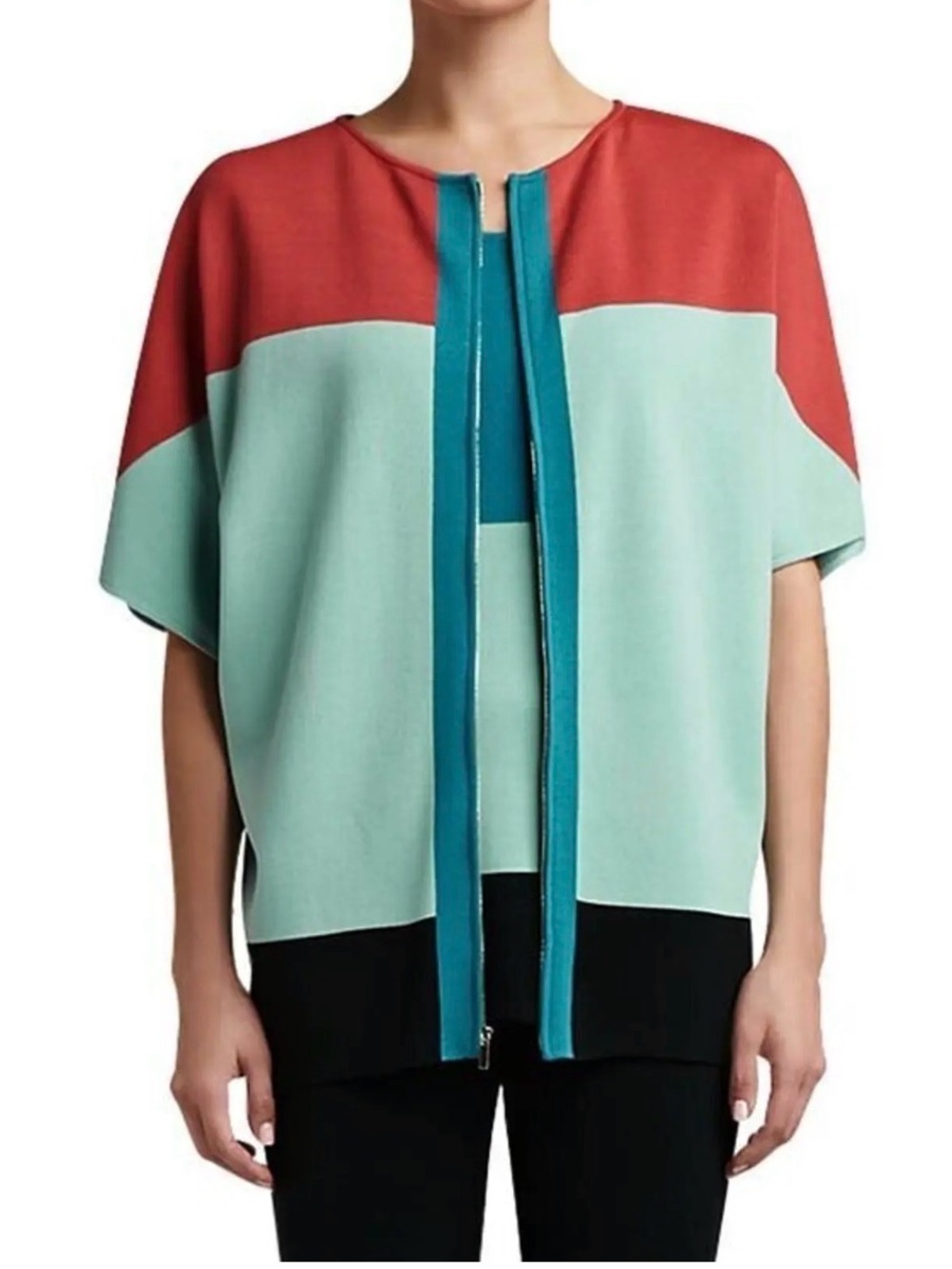 St. John Milano Knit Colorblock Batwing Sleeve Coral, Mint & Teal Accent